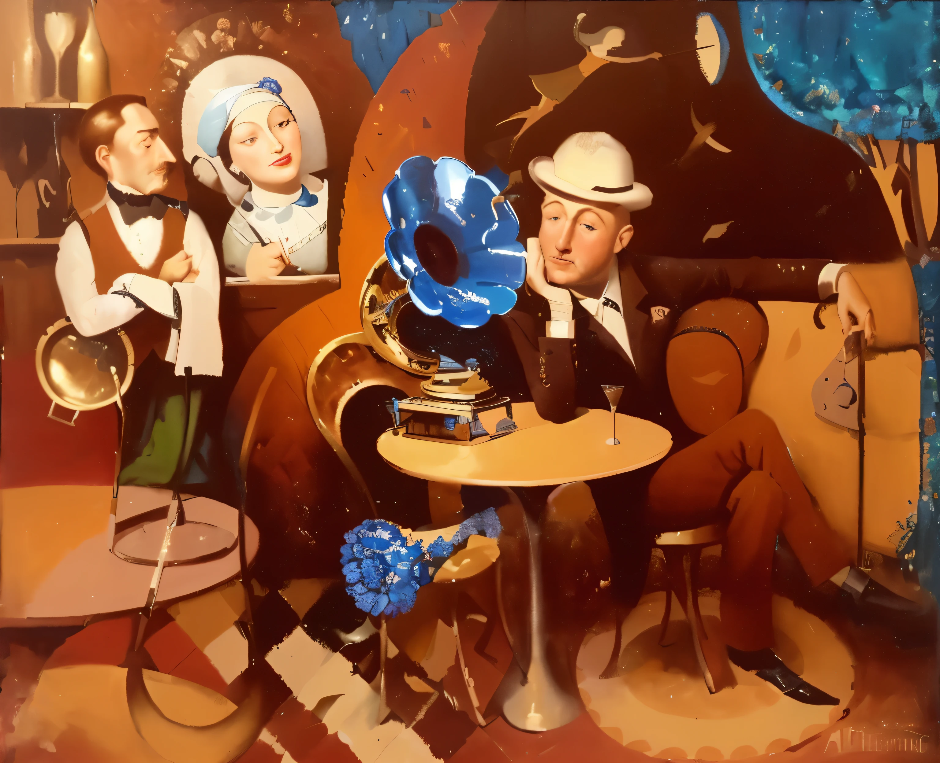 painting of a man and woman sitting at a table with a gramphone, by Józef Mehoffer, by Henryk Rodakowski, by Alexander Litovchenko, by Svetlin Velinov, by Mykola Burachek, by Vladimir Baranov-Rossine, by Edward Ben Avram, by Albert Kotin
