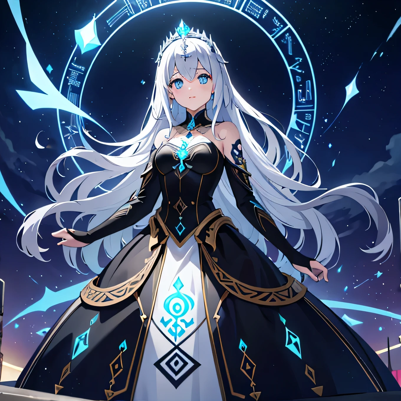 high resolution, 4k ultra sharp, standing 1 female, ((Glowing Rune Tattoos)), silver hair, tiara, princess dress gown, circlet