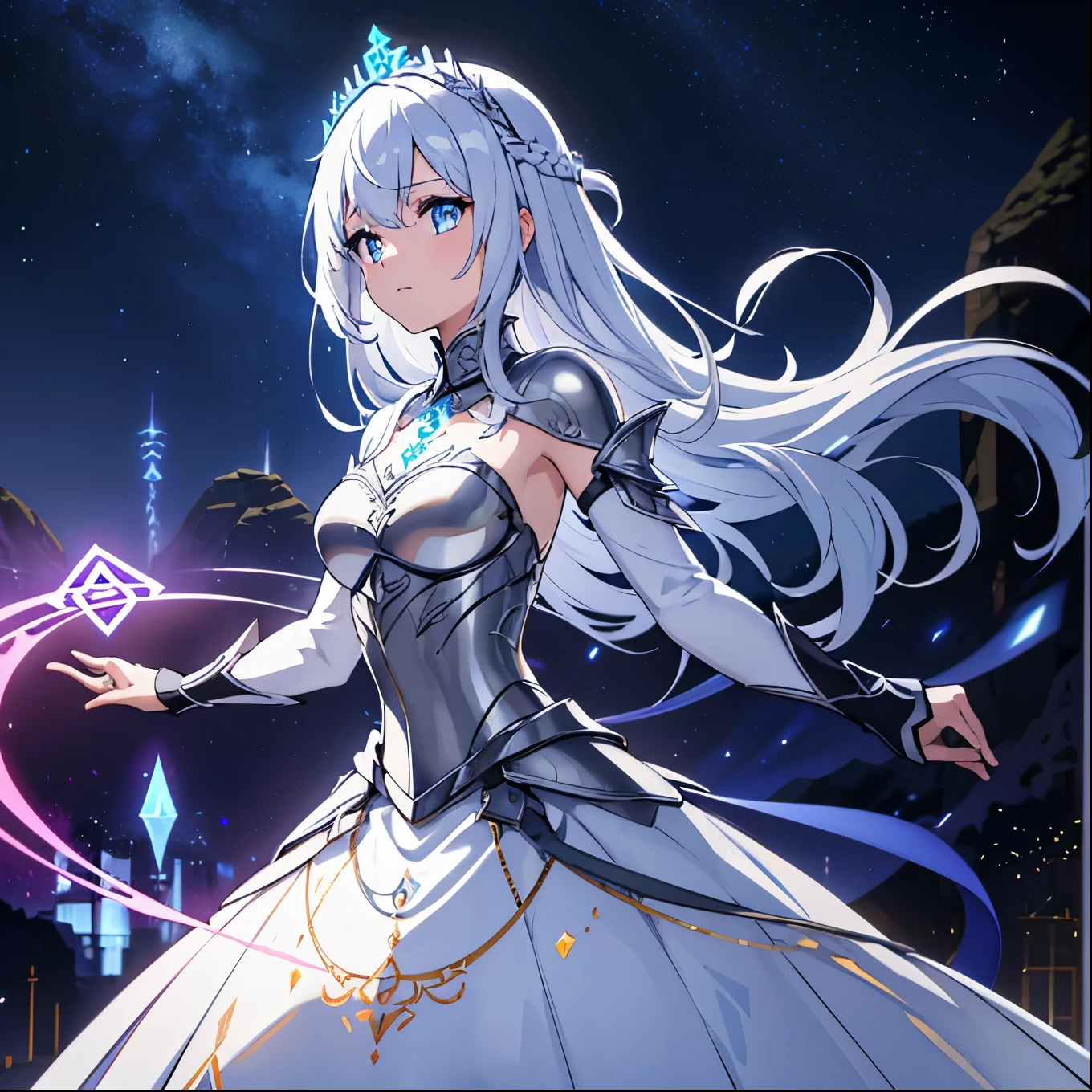 high resolution, 4k ultra sharp, 1 female, ((Glowing Rune Tattoos)), silver hair, tiara, princess dress gown, armor, circlet