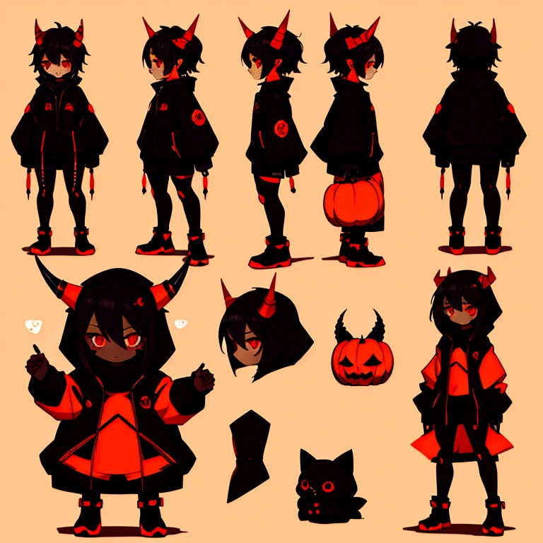 Chibi style character, small and cute body, dark body covered in darkness, pumpkin head, neon red eyes, small horns. full body, character sheet, different poses.
