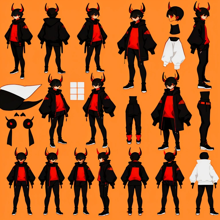 Chibi style character, small and cute body, dark body covered in darkness, pumpkin head, neon red eyes, small horns. full body, character sheet, different poses.