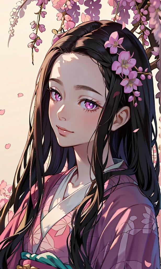 masterpiece, (pink kimono), beautiful face, good lighting, décolleté, small details, masterpiece, glowing eyes, 1girl, black hair, on face, Nezuko Kamado, wisteria background, masterpiece, best quality, POV