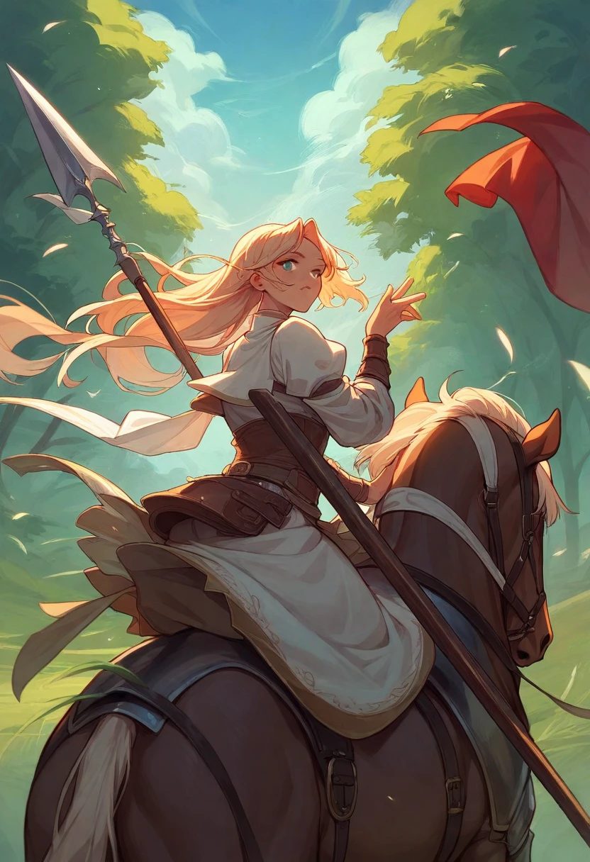 there is a woman riding a horse with a speqr on it, of a beautiful female knight, spear in her belly