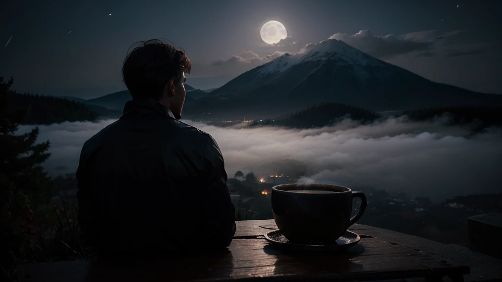 Generate an image of a man sitting with his back to the camera, looking at a nighttime landscape illuminated by moonlight and shrouded in mist, accompanied by a steaming cup of coffee