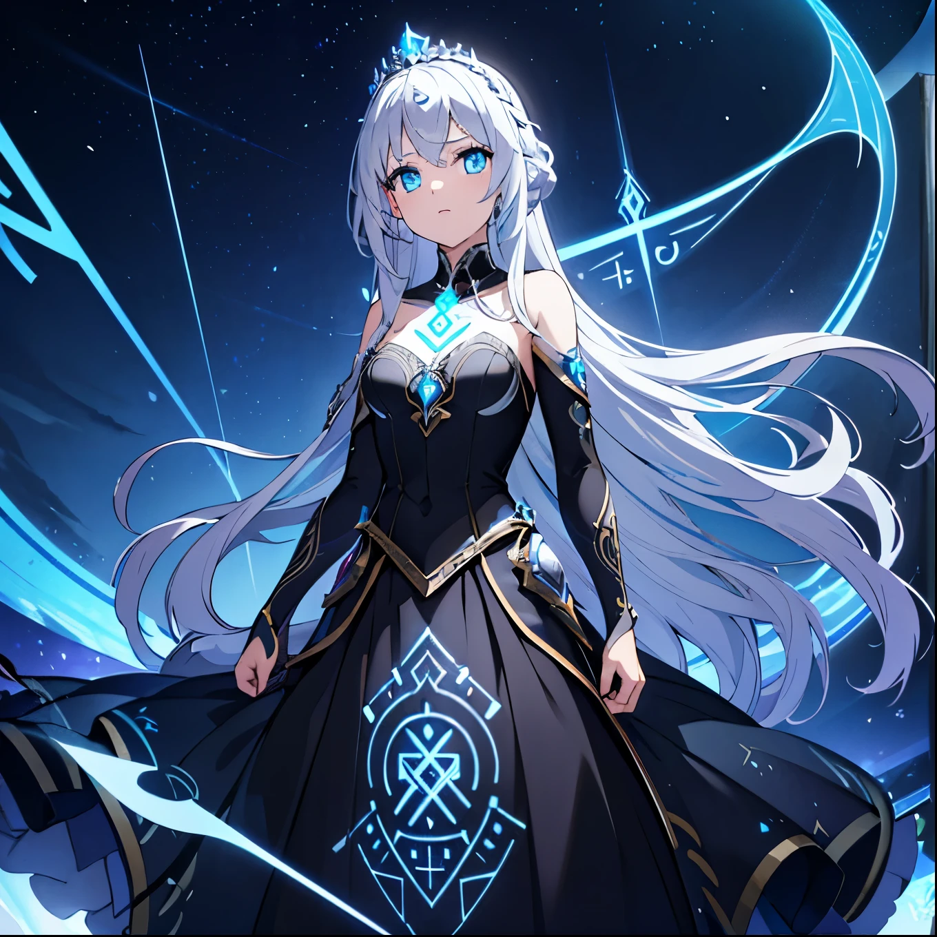 high resolution, 4k ultra sharp, standing 1 female, ((Glowing Rune Tattoos)), silver hair, tiara, princess dress gown, circlet