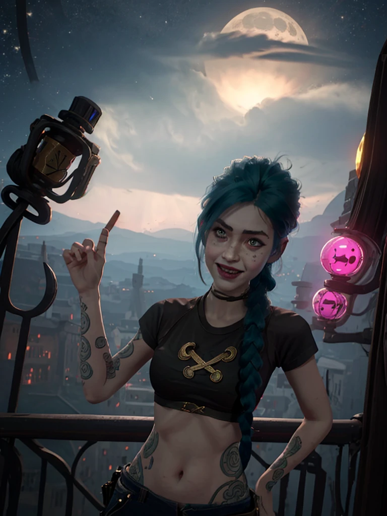 arcane style,1 ,arm tattoos,asymmetrical bangs,By bangs,blue hairs,braids,brown shirt,cloud tattoo,looking ahead at viewer,giggling,frantic,uncontrollable laughter,Crazy look,the night,citys,hair green,cabelo longo e branco,mid-abdomen,pink eyes,lips in red,The shirt,only,standing,Tattooed with,double braid,the upper part of the body,mysterious bad luck,Jinx(league of legend\)