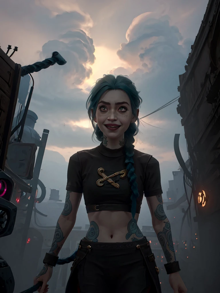arcane style,1 ,arm tattoos,asymmetrical bangs,By bangs,blue hairs,braids,brown shirt,cloud tattoo,looking ahead at viewer,giggling,frantic,uncontrollable laughter,Crazy look,the night,citys,hair green,cabelo longo e branco,mid-abdomen,pink eyes,lips in red,The shirt,only,standing,Tattooed with,double braid,the upper part of the body,mysterious bad luck,Jinx(league of legend\)