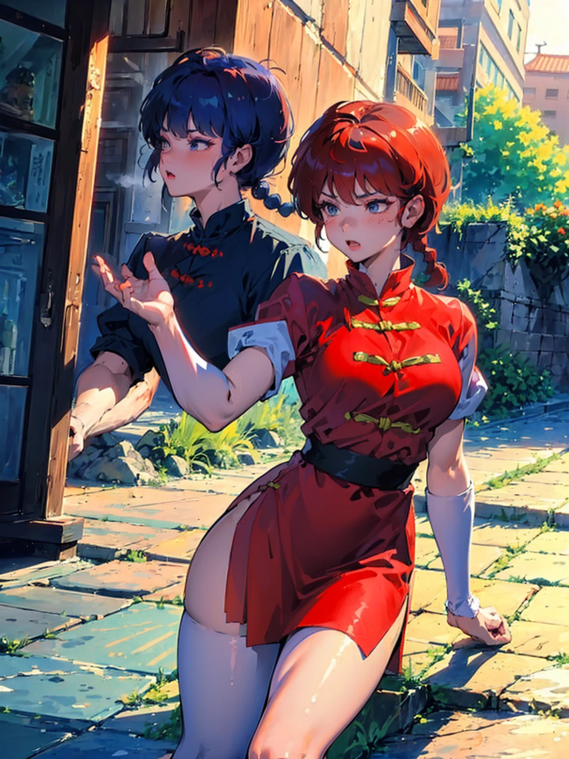 ((masterpiece:1.4)), expensive quality, very_expensive_solve, big_file size, Full Color, Thick outline, Clear contours, colorful, (Beautiful fine details, Are thin:1.4), ((Beautiful Face:1.0)), ((Boyish face:1.4)), 1 girl, (Ranma), (Redhead), short hair, (Braided Ponytail), ((bangs)), bumpy bangs, Blue-gray eyes, Big Breasts, Curvy, Ranma, Braided Ponytail, (Red Chinese Clothing, Short sleeves in red), No sleeve, Tangzhuang, (Black trousers), Are standing, ((, Are thin:1.4)), ((from the front:1.4)), Are thin:1.4
