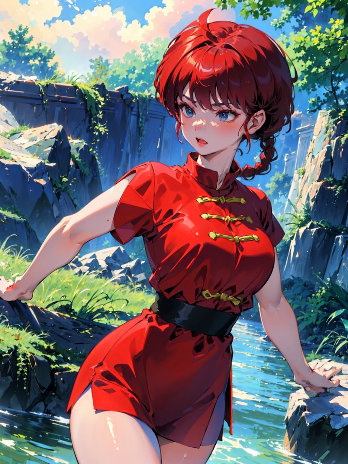 ((masterpiece:1.4)), expensive quality, very_expensive_solve, big_file size, Full Color, Thick outline, Clear contours, colorful, (Beautiful fine details, Are thin:1.4), ((Beautiful Face:1.0)), ((Boyish face:1.4)), 1 girl, (Ranma), (Redhead), short hair, (Braided Ponytail), ((bangs)), bumpy bangs, Blue-gray eyes, Big Breasts, Curvy, Ranma, Braided Ponytail, (Red Chinese Clothing, Short sleeves in red), No sleeve, Tangzhuang, (Black trousers), Are standing, ((, Are thin:1.4)), ((from the front:1.4)), Are thin:1.4
