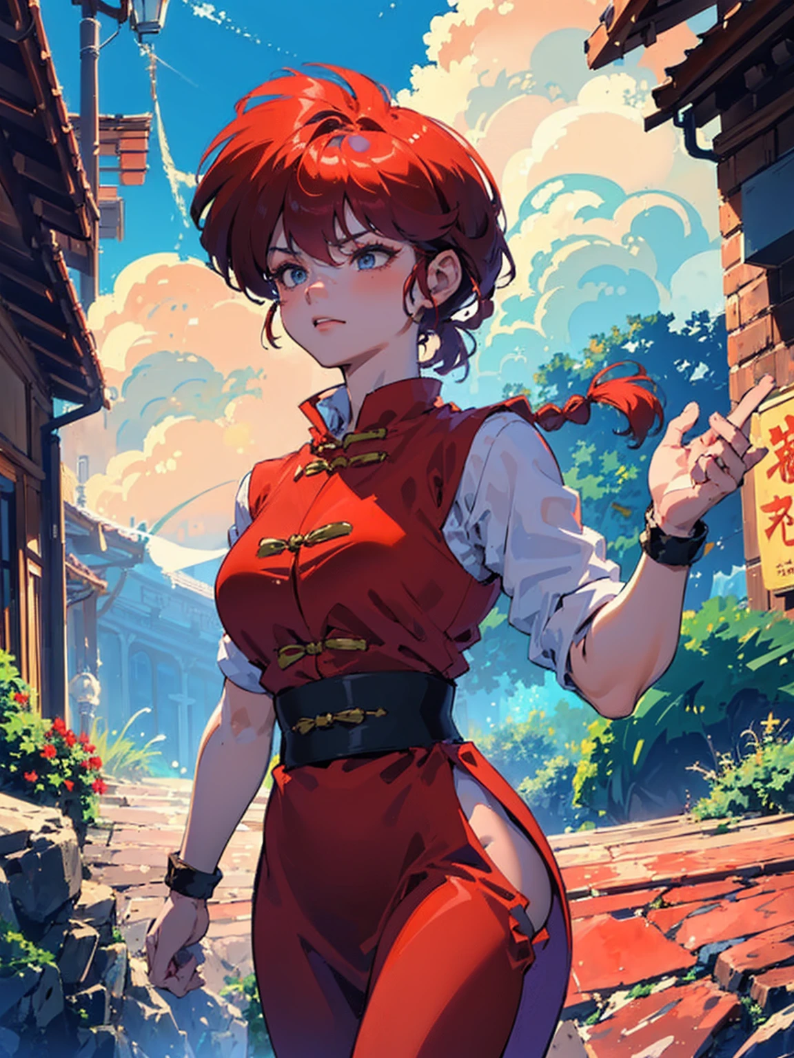 ((masterpiece:1.4)), expensive quality, very_expensive_solve, big_file size, Full Color, Thick outline, Clear contours, colorful, (Beautiful fine details, Are thin:1.4), ((Beautiful Face:1.0)), ((Boyish face:1.4)), 1 girl, (Ranma), (Redhead), short hair, (Braided Ponytail), ((bangs)), bumpy bangs, Blue-gray eyes, Big Breasts, Curvy, Ranma, Braided Ponytail, (Red Chinese Clothing, Short sleeves in red), No sleeve, Tangzhuang, (Black trousers), Are standing, ((, Are thin:1.4)), ((from the front:1.4)), Are thin:1.4
