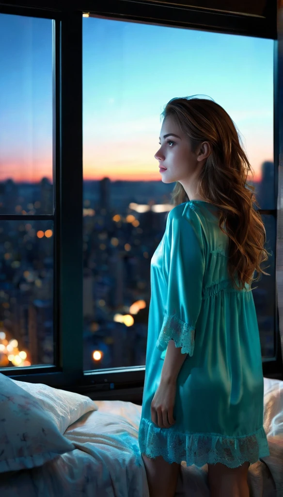 ((High quality, 8k, perfect quality, realistic)), beautiful, perfect face, gazing out the window, nighttime, ((dark room)), Before sleeping, restless, short nightgown, staring at the window, city night view, hair color black and cyan, night city, ((lights off)), facing the window