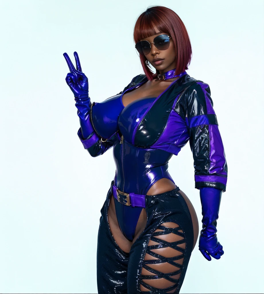 afro american women,dark skin,red brown Bob Haircut, purple sunglasses,black leahter crop Jacket, purple latex Leotard. big breast, purple Gloves, black leahter trousers, purple boots, standing