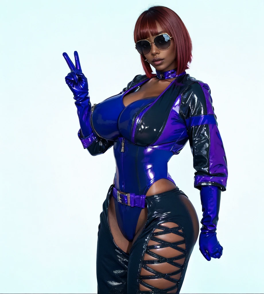 afro american women,dark skin,red brown Bob Haircut, purple sunglasses,black leahter crop Jacket, purple latex Leotard. big breast, purple Gloves, black leahter trousers, purple boots, standing