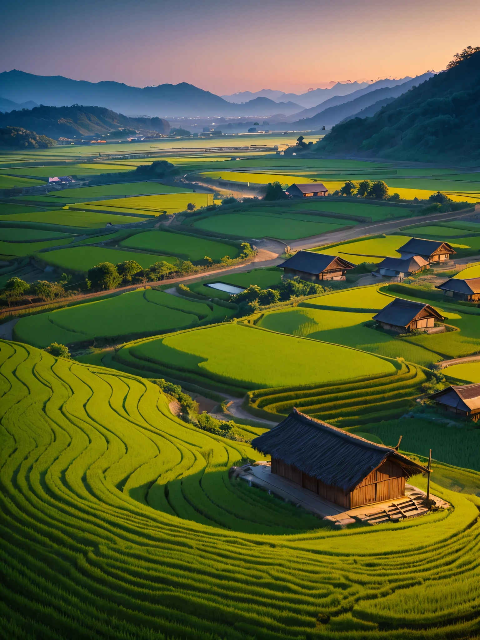 landscapes, rice fields, huts, twilight