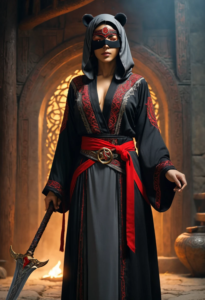 (fantasy character), (archaic embroidered robe:1.3), (black robe:1.3), (wears red blindfold that covers eyes:1.3), (has scars like tear tracks on face:1.3), (wizard), (5' 8" tall), female, (age 27), (unnatural flat gray skin color:1.3), (Middle-Eastern ethnicity), (iron-gray hair:1.3), (shorn hair:1.3), (slender), (beautiful), (sandals with ties), (has gold ring on hand:1.3), (bears a staff:1.3), (has dagger at belt:1.3), (amulet with pentacle:1.3), (4k textures), intricate, elegant, (highly detailed), (cinematic look), (soft tones), (insane details), (intricate details), hyperdetailed, (low contrast), (soft cinematic light), (dark colors), (looking at viewer)