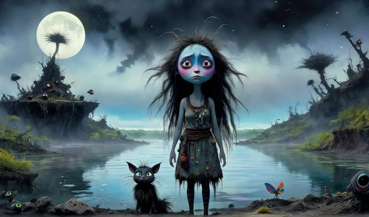 Chalcopyrite goddess of nature,moana, black make up,longhair,folk dress,freckles,pretty face,eyebrow up,full body shot,ominous landscape,glate gray atmosphere,Simon Stalenhag,Nicola Samori,Wangechi Mutu,prime colors,Lisa Frank, ,urban,extremely detailed, [night landscape],masterpiece,intricate details,faded,eyes extremely detailed, high detailed eyes,16k resolution,RAW, Nikon Z9,city on background,chinesse,pixie,RAW,Retina,full body length,ominous landscape, niobium Obsidian atmosphere,dangerous atmosphere,intricate details,realistic humid skin,extremely intricate details,Epic Realistic, cinematic style,anatomically correct,faded,eyes extremely detailed, high detailed eyes,UHD,Retina,HDR,CinematicTechnicolor,natural skin textures, hyper realism, hyper detailed,High contrast,Realism,Ultra Detailed,irina yermolova,close full body shot, masterpiece,faded,8k resolution,RAW, Nikon Z9,MIk Kil Cenote of Yucatan of Mexico,belly,pixar movie still, pixar movie screenshot, frame from pixar movie, animated movie still, still from the pixar movie, still from a pixar movie, disney pixar movie still, pixar movie scene, still from pixar movie, still from a 2001 pixar movie, pixar render, animated film still,HBO