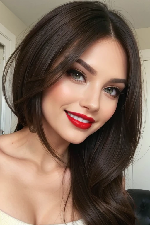 brunette look, green eyes and gorgeous lips, look sexy, excited, fashionable makeup, beautiful hair, smiles, shows teeth, dark brown strands in her hair, bright red lips