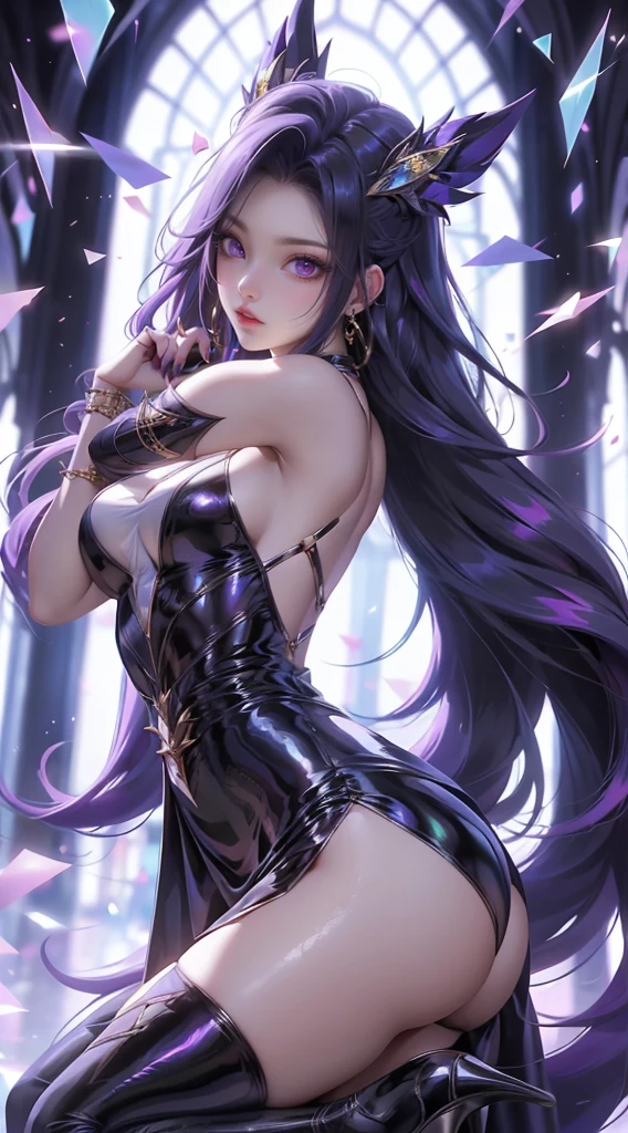 1girl, dress, long_hair, solo, high_heels, purple_hair, breasts, purple_eyes, looking_at_viewer, raiden_shogun, black_dress, jewelry, sideboob, holding, hair_ornament, earrings, black_footwear, sparkle, backless_dress, bangs, squatting, from_side, backless_outfit, very_long_hair, smile, hand_on_own_face, glint, bare_shoulders, halterneck, halter_dress, full_body, star_(symbol), hand_on_own_cheek, medium_breasts, bare_legs, bare_arms, closed_mouth, artist_name, blush, sleeveless