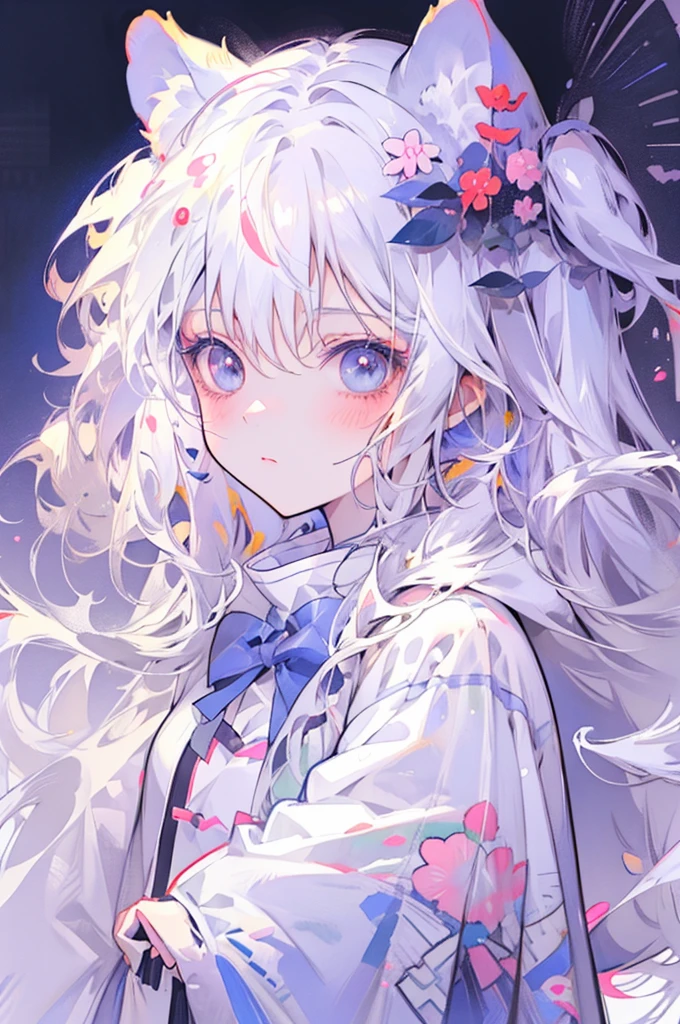 Anime girl with white hair and blue eyes wearing cat ears, anime cat girl, anime cat ears girl, beautiful anime cat girl, cute anime cat girl, cat girl, cat ears girl, nyaruko-san, white cat girl, anime cat, anime style artwork, anime style portrait, anime moe art style, anime art style