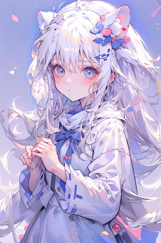 Anime girl with white hair and blue eyes wearing cat ears, anime cat girl, anime cat ears girl, beautiful anime cat girl, cute anime cat girl, cat girl, cat ears girl, nyaruko-san, white cat girl, anime cat, anime style artwork, anime style portrait, anime moe art style, anime art style