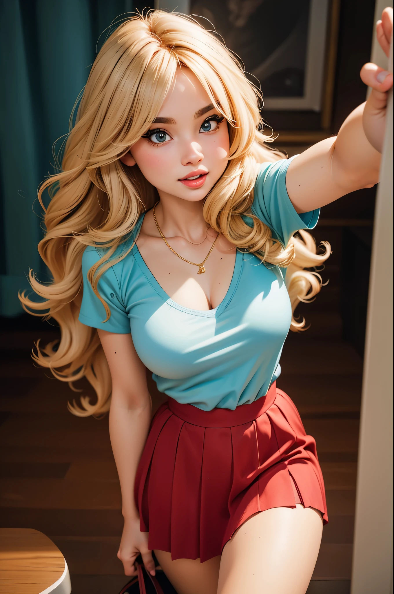 (Masterpiece, Professional lighting, 16k, 8k wallpaper, raw photo, photorealistic:1.8, ultra detailed, , slightly wide angle lens, natural  lighting, detailed skin, detailed face, detailed eyes), 1 beautiful girl, selfie shot from above, full body image , long curly blond hair with bangs,  necklace, green eyes, sexy gaze inviting look, baby blue top short, red skirt, joyous