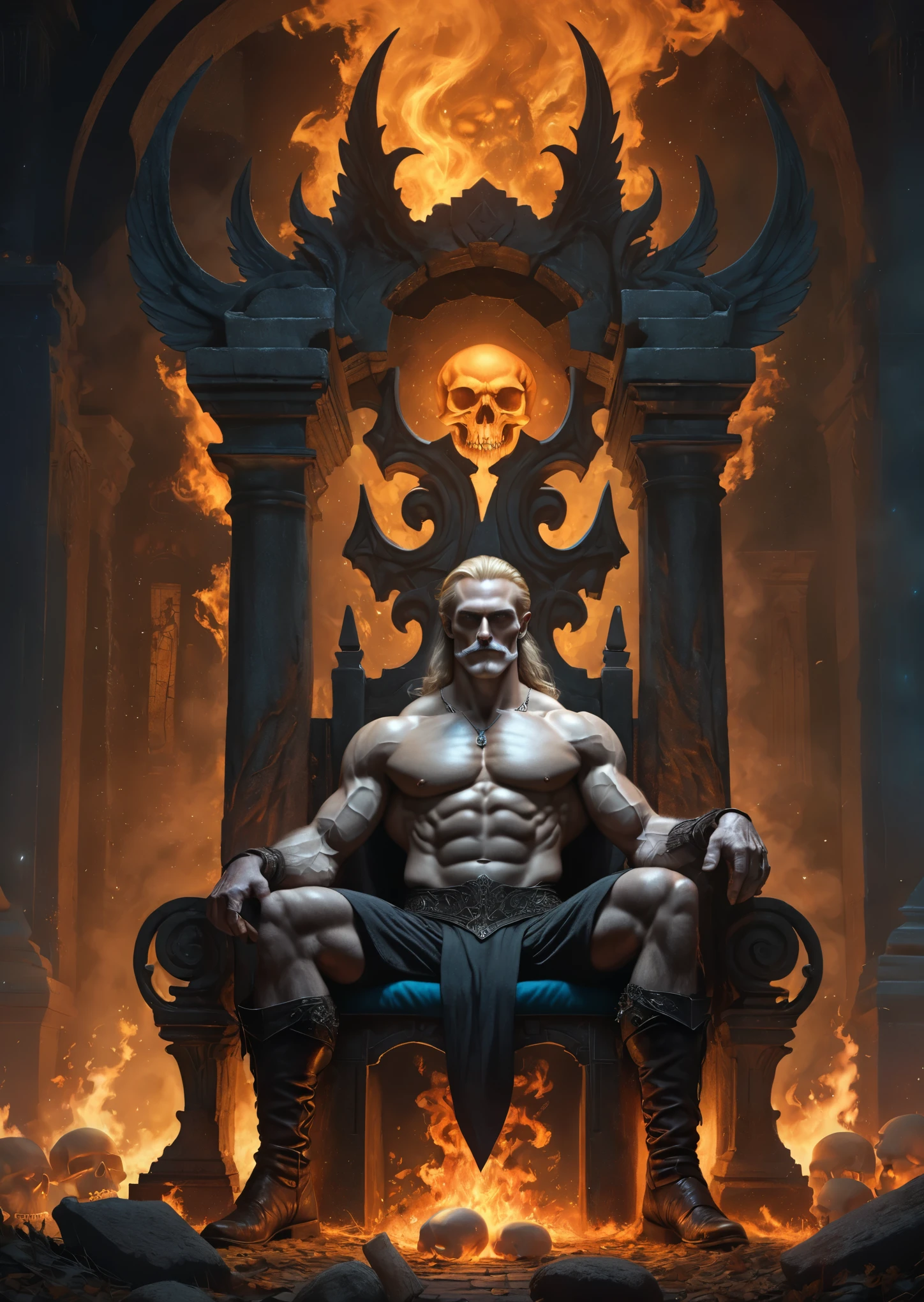 40 year handsome old elf, pale skin, blonde hair, abino skin, long straight hair, wearing elfin , sitting , mustache, piercing blue eyes, brown hair, pronounced brow ridge, strong jaw, high cheekbones, (complete body:1.5), sitting on a bed spreading his legs, very beefy muscles, bulging biceps, bulging triceps, bulging pectorals, bulging quads, bulging trapezoids, wide shoulders, bulging calves, bulging forearms, hairy, (giant:1.5), tall, solo person. Art deco masterpiece, alpha male, at night, skull, nightmare, fire, intricately detailed, sharp focus, extremely detailed, dark fantasy, glowing, colorful painting, rich color, HDR, octane render, digital illustration, cinematic light, sitting on the throne, Explore the beauty of a moonlit cemetery, with weathered tombstones, crypts, and the feeling that the spirits of the departed may not be at rest