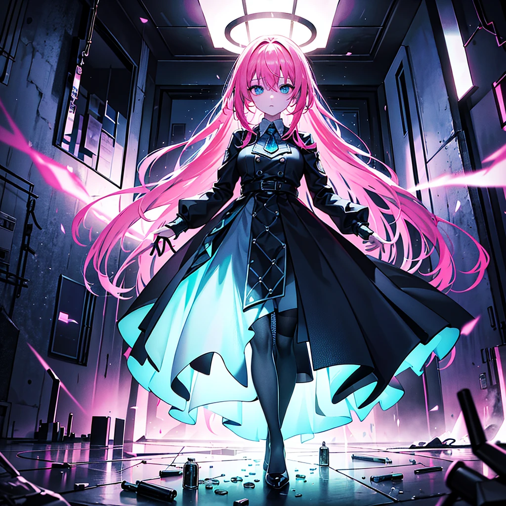 "Create a highly detailed and evocative image of a young woman with vibrant pink hair and slightly bluish skin. She should be portrayed in a dimly lit room in dark blue tones to emphasize a mood of anxiety, madness and paranoia. The setting should be surreal and disturbing, with shadows and dim light sources casting mysterious glows. In her hand, she holds a clear glass bottle filled with various colored pills, symbolizing her inner turmoil. and almost paranoid. The overall atmosphere of the image must be dark and oppressive, with the blue tones creating a cold and frightening environment. Details such as flickering lights, disturbing shadows and a feeling of claustrophobia must be present to enhance the feeling of discomfort.