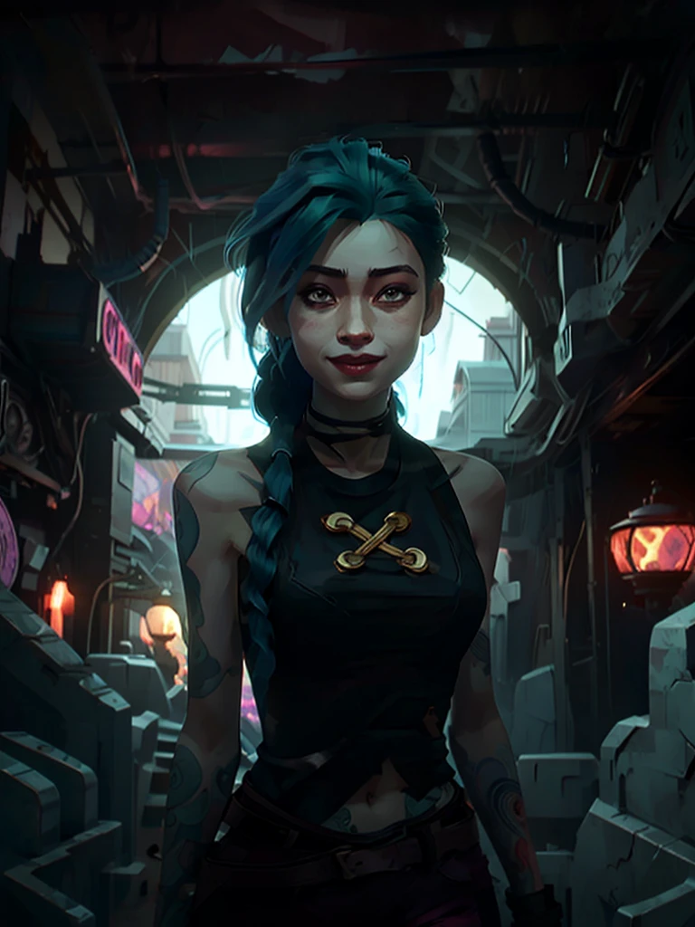 arcane style,1 ,arm tattoos,asymmetrical bangs,By bangs,blue hairs,braids,brown shirt,cloud tattoo,looking ahead at viewer,giggling,frantic,uncontrollable laughter,Crazy look,the night,citys,hair green,cabelo longo e branco,mid-abdomen,pink eyes,lips in red,The shirt,only,standing,Tattooed with,double braid,the upper part of the body,mysterious bad luck,Jinx(league of legend\)