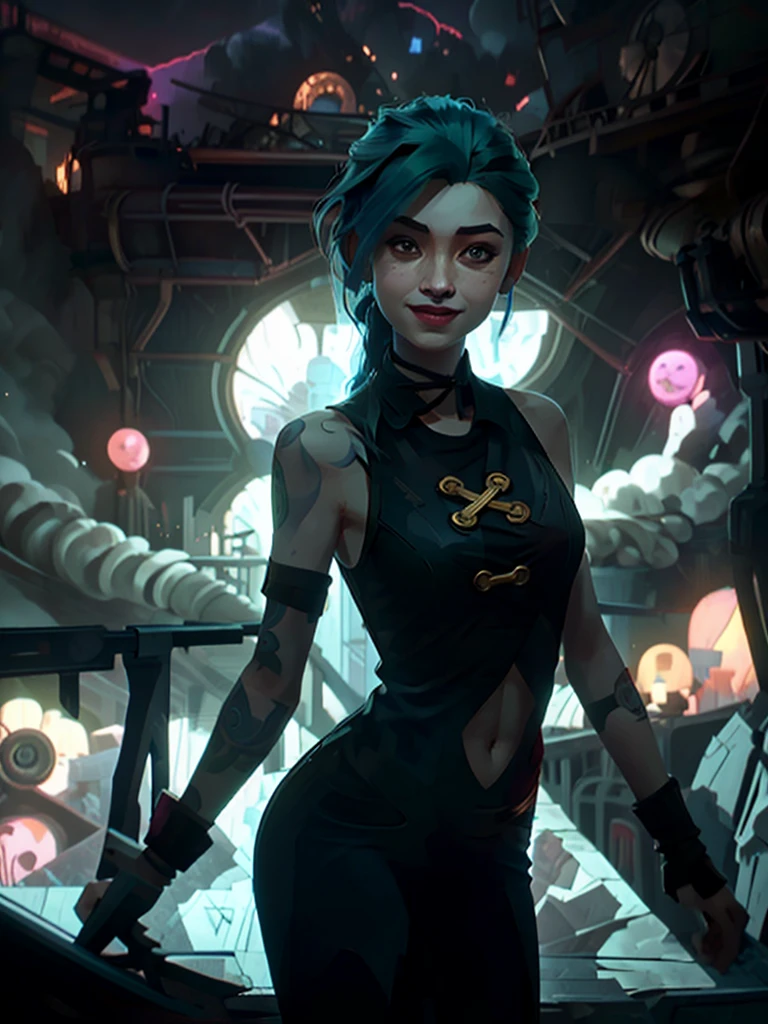 arcane style，1 ，arm tattoos，asymmetrical bangs，By bangs，blue hairs，braids，brown shirt，cloud tattoo，looking ahead at viewer，giggling，frantic，uncontrollable laughter，Crazy look，the night，citys，hair green，cabelo longo e branco，mid-abdomen，pink eyes，lips in red，The shirt，only，standing，Tattooed with，double braid，the upper part of the body，mysterious bad luck，Jinx（league of legend\）