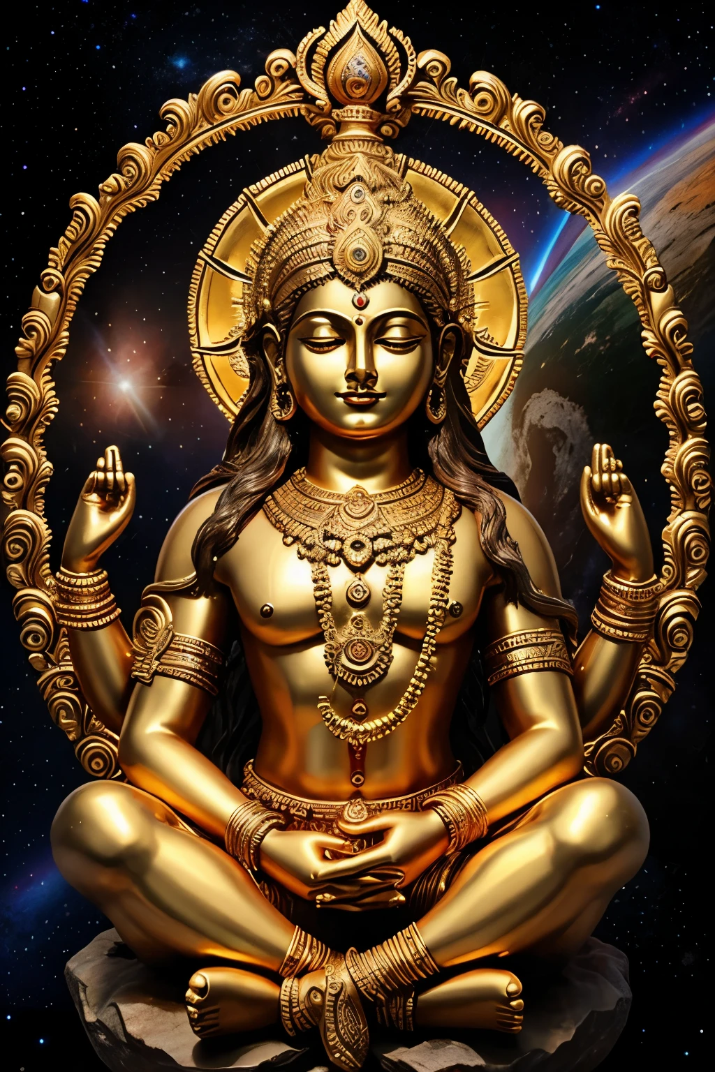 majestic hindu god murugan in deep meditation,outer space,magnetic field,detailed face, highly detailed