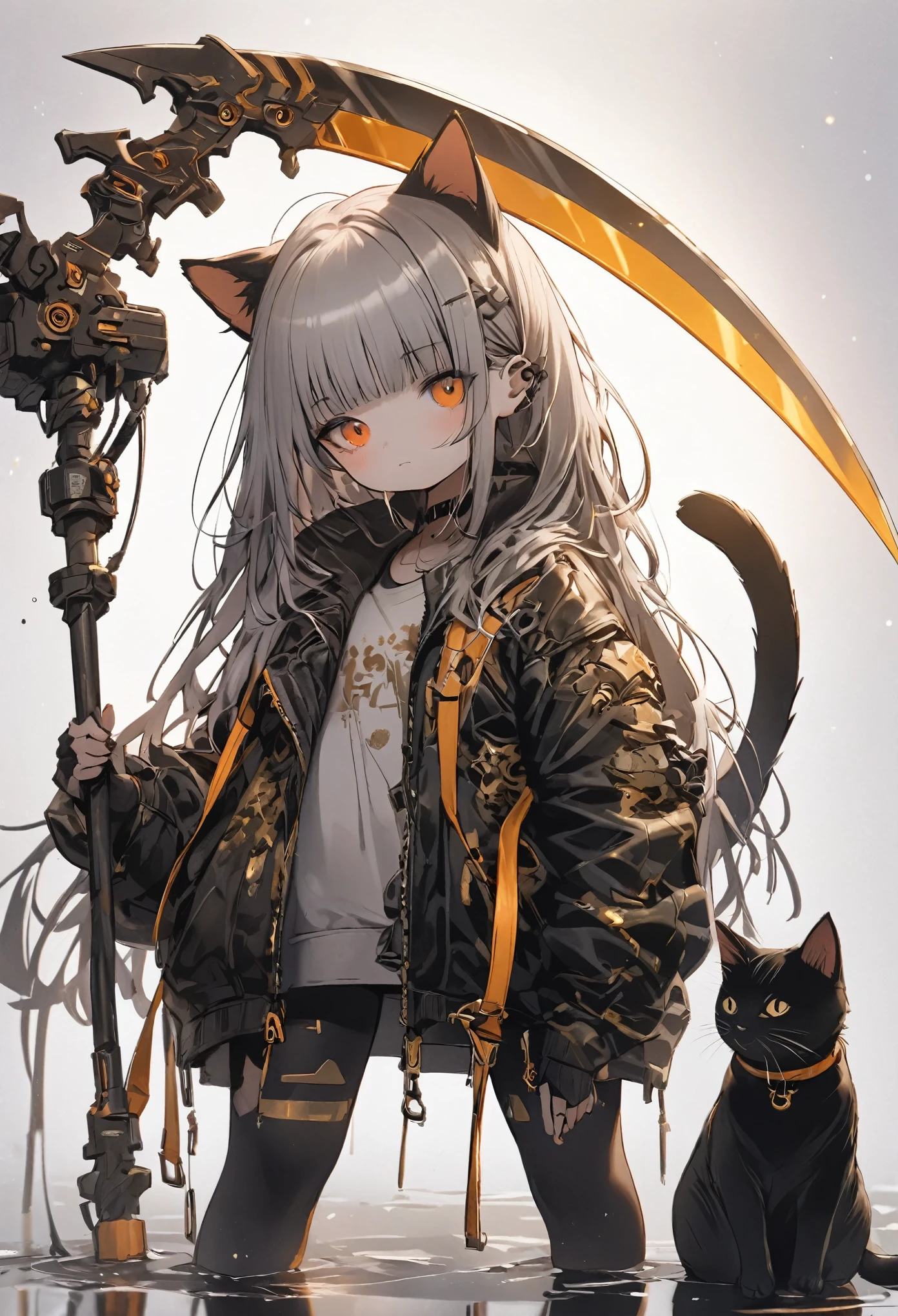 Detailed silhouette of a cyberpunk girl with cat ears and a tail, wearing a flowing, tattered coat, holding a gold huge scythe that includes a mechanical cat design, standing on a glossy, reflective surface with a minimalistic, soft gray background.