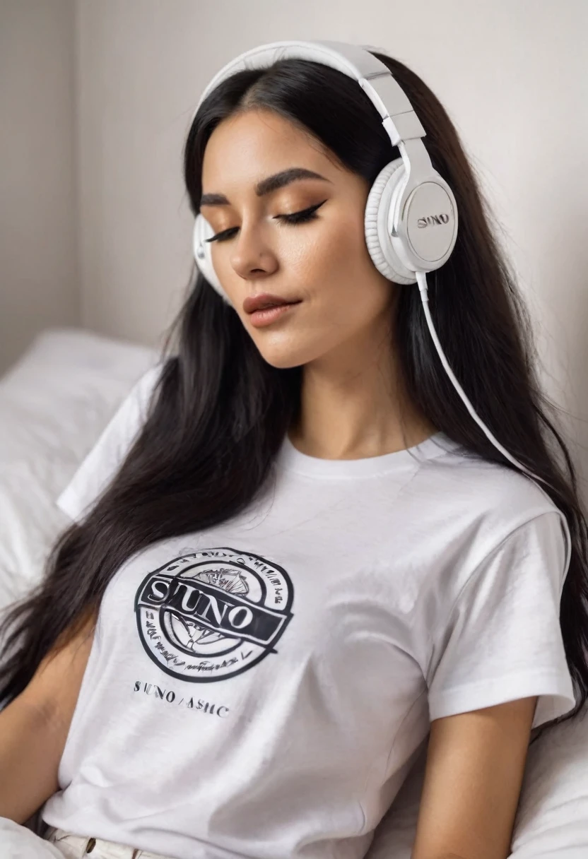 a beautiful slim latina girl with long dark hair wearing a short white T-shirt with a logo that says "Suno ASMR Voice", lying on a bed singing with a microphone and white headphones, eyes closed enyoing the music