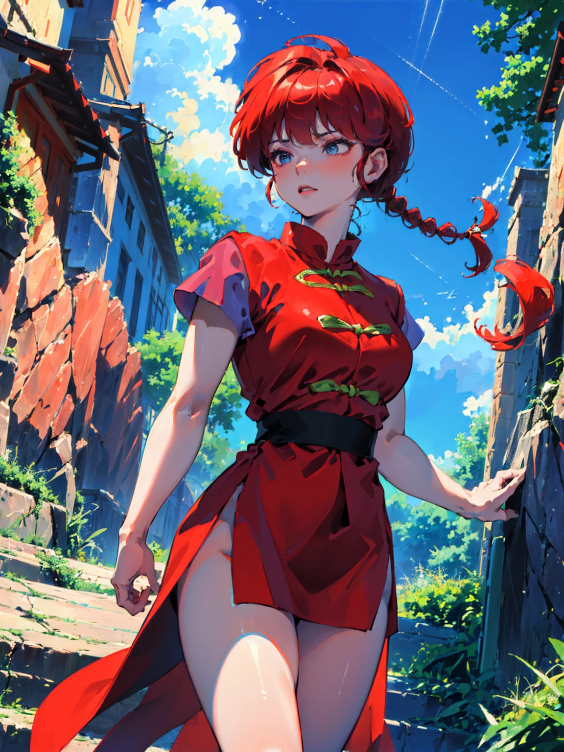 ((masterpiece:1.4)), expensive quality, very_expensive_solve, big_file size, Full Color, Thick outline, Clear contours, colorful, (Beautiful fine details, Are thin:1.4), ((Beautiful Face:1.0)), ((Boyish face:1.4)), 1 girl, (Ranma), (Redhead), short hair, (Braided Ponytail), ((bangs)), bumpy bangs, Blue-gray eyes, Big Breasts, Curvy, Ranma, Braided Ponytail, (Red Chinese Clothing, Short sleeves in red), No sleeve, Tangzhuang, (Black trousers), Are standing, ((, Are thin:1.4)), ((from the front:1.4)), Are thin:1.4
