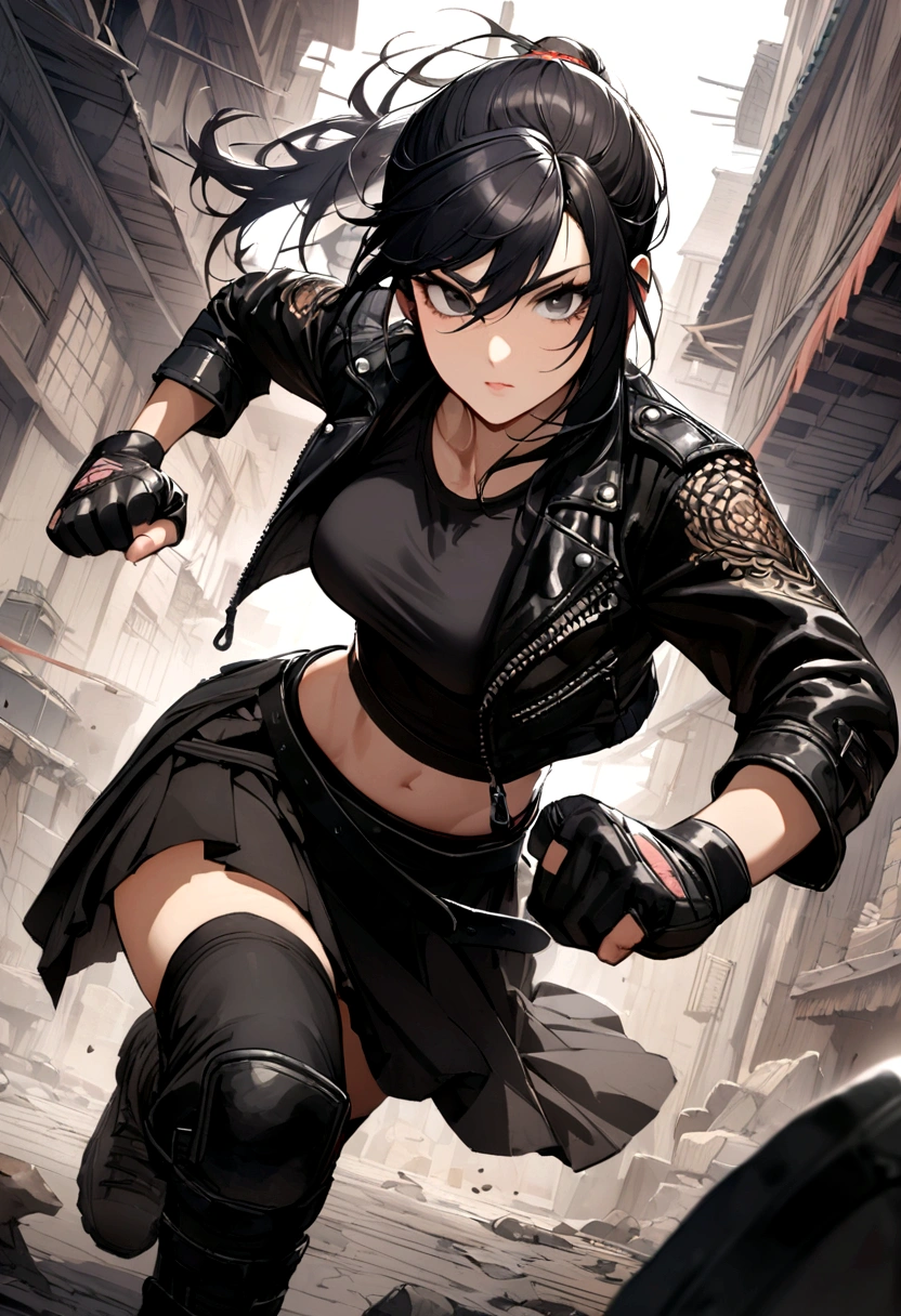 Female martial arts fighter with beautiful appearance and with long black hair and black eyes wearing skirt and undershirt and leather jacket and black gloves and combat boots