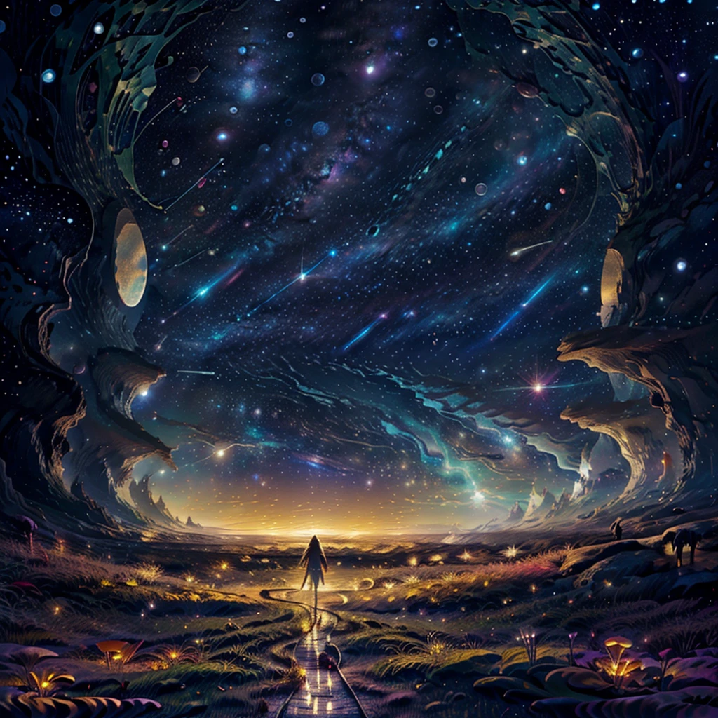 1 girl efl. masterpiece, super beautiful starry night sky, galaxy, an elf woman wearing a translucent transparent outfit walking through a flowery Dune, low angle shot camera perspective. Curvy seductive body, super long light blonde hair, detailed body. from behind, starry background, clear night. fireflies.