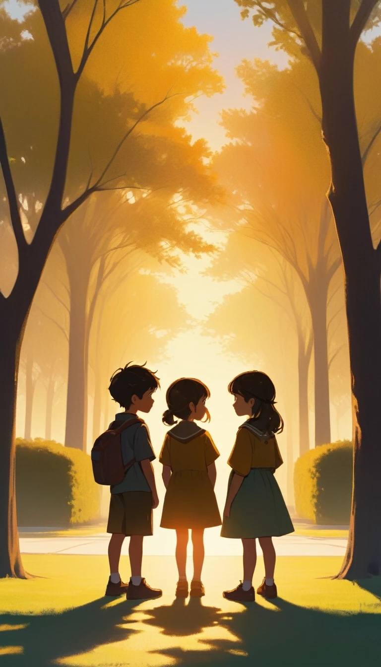 A young boy and girl stand at opposite ends of a quiet park, their gazes locked in a moment of silent curiosity and intrigue. The distance between them seems to shrink as their eyes communicate a thousand unspoken words, each wondering about the other's story. The setting sun casts long shadows, painting a picture of innocence and the beginning of a potential friendship.
