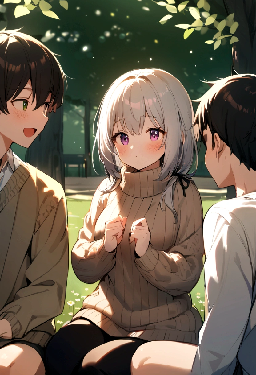 1 girl, 1 boys, wearing sweater, Boy in sweater that says B, girl in sweater that says C, sitting in the park