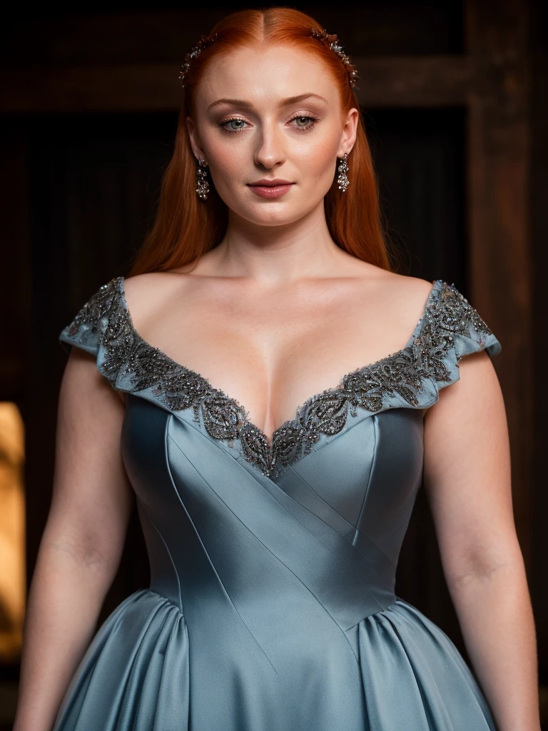 Face of Sophie Turner, Sansa Stark played by Sophie Turner, the de facto Lady of the Eyrie, is a 40-year-old mature queen with a stunning, alluring appearance. Full Face, Full figured woman, pierced eyes, reddish lips, upper body shot, erotic Mediaeval costumes, game of thrones costumes, She wears a Game of Thrones-inspired costume and has a deep cleavage, a perfect thick body, and a perfect thick figure. The photograph captures her in a close-up, with her skin texture and facial features being ultra-realistic and realistic. Juicy thick figure, high quality skin, Skin pores, amazing details, snow, snow flakes, semi realistic, extremely detailed eyes, dark moody orange and black settings, cool environment, artificial intelligence