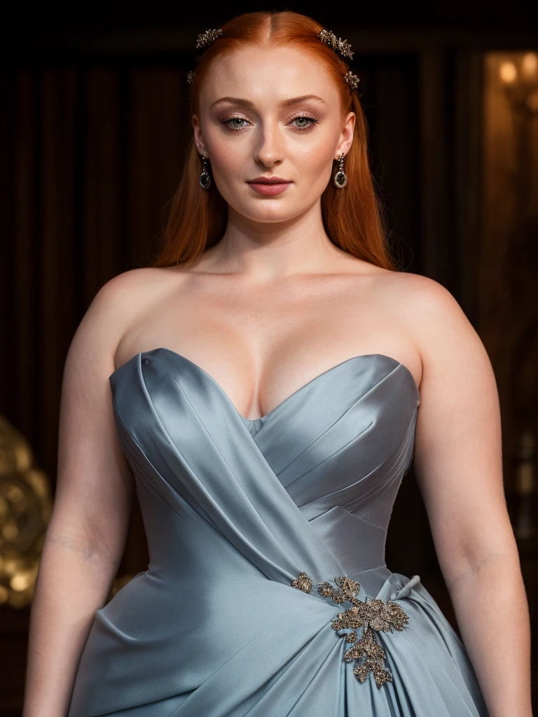 Face of Sophie Turner, Sansa Stark played by Sophie Turner, the de facto Lady of the Eyrie, is a 40-year-old mature queen with a stunning, alluring appearance. Full Face, Full figured woman, pierced eyes, reddish lips, upper body shot, erotic Mediaeval costumes, game of thrones costumes, She wears a Game of Thrones-inspired costume and has a deep cleavage, a perfect thick body, and a perfect thick figure. The photograph captures her in a close-up, with her skin texture and facial features being ultra-realistic and realistic. Juicy thick figure, high quality skin, Skin pores, amazing details, snow, snow flakes, semi realistic, extremely detailed eyes, dark moody orange and black settings, cool environment, artificial intelligence