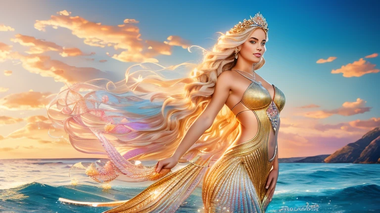 Blonde woman in golden dress holding seashells in front of blue and pink sky, karol bak uhd, Sacred, Mystical, Blonde girl in a dress, beautiful mermaid, Portrait of the Mermaid, real photoshoot queen of oceans, Portrait of the Mermaid Queen, mermaid, style of karol bak, Blonde goddess, artgerm julie bell beeple, siren
