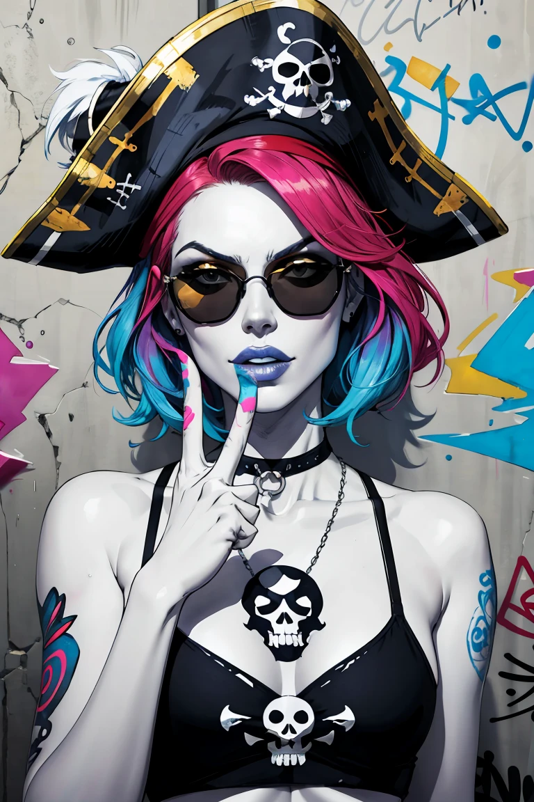 the middle finger, watercolor painting, 8K resolution、((highest quality))、((masterpiece))、((Super detailed))、1 female、alone、incredibly absurd、 (((The most beautiful pirate girl of all time))), (((Stylish sunglasses))), lips in love, white skin, pirate hat, skull fashion, neon、short cut hair、small breasts, (((graffiti art))), colorful hair, provocative, middle finger rising, Rising middle finger