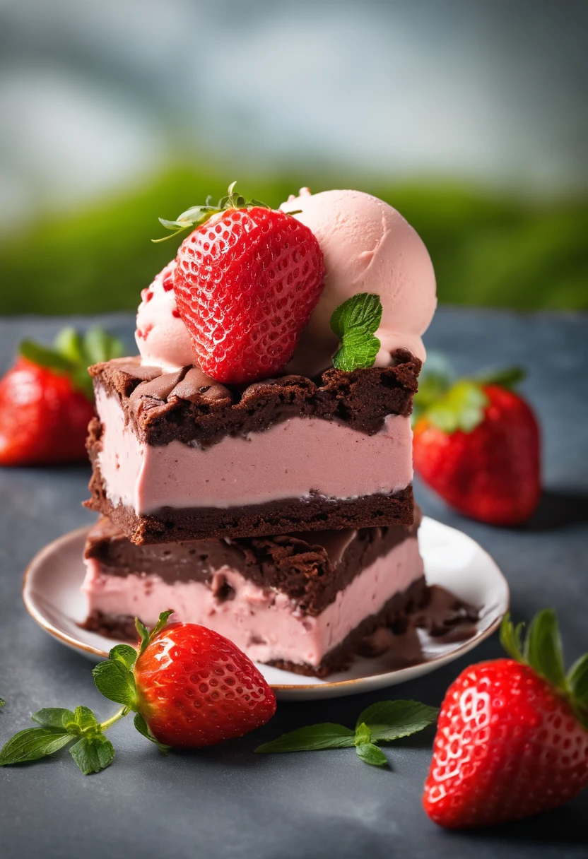 Brownie, brownie de chocolate, (plate with chocolate brownie and strawberry ice cream), brownie with strawberry ice cream, strawberry ice cream with brownie, foto realisitic, professional foto, photo taken by the best photographer in the world, 4 K, best qualityer, optical zoom, photo with depth of field, realisitic. Brownie with strawberry ice cream