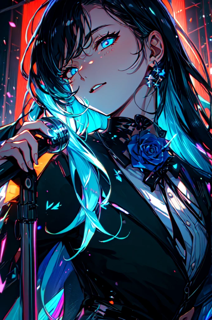 Beautiful hands, Beautiful dresasterpiece, (best quality:1.2), intricate details, ado, 1girl, multicolored hair, long hair, collared shirt, jacket, bangs, long sleeves, blue flower, (mature female:1.2), Ado, (dark blue hair, light blue inner), extra long hair, straight hair, blue eyes, slanted eyes, white inner shirt, (long black jacket, long black pants), (masterpiece, best quality:1.2), intricate details, ado, 1girl, multicolored hair, long hair, collared shirt, bangs, long sleeves, blue flower, (mature female:1.2), Stars and comets pass by in the open sky, Beautiful Clouds, A tree with glowing fireflies and butterflies々, (Ultra-realistic), {Highly detailed CG unit 8k wallpaper}, Vast landscape photography, (View from below with a panoramic view of the sky, vast open field vision), (Low angle shot), (Light: 1.5), (warm Light source: 1.2), Intricate details, (Rainbow colors: 1.2), (bright Lighting), (atimospheric Lighting), dream-like, Magic, fairy tale