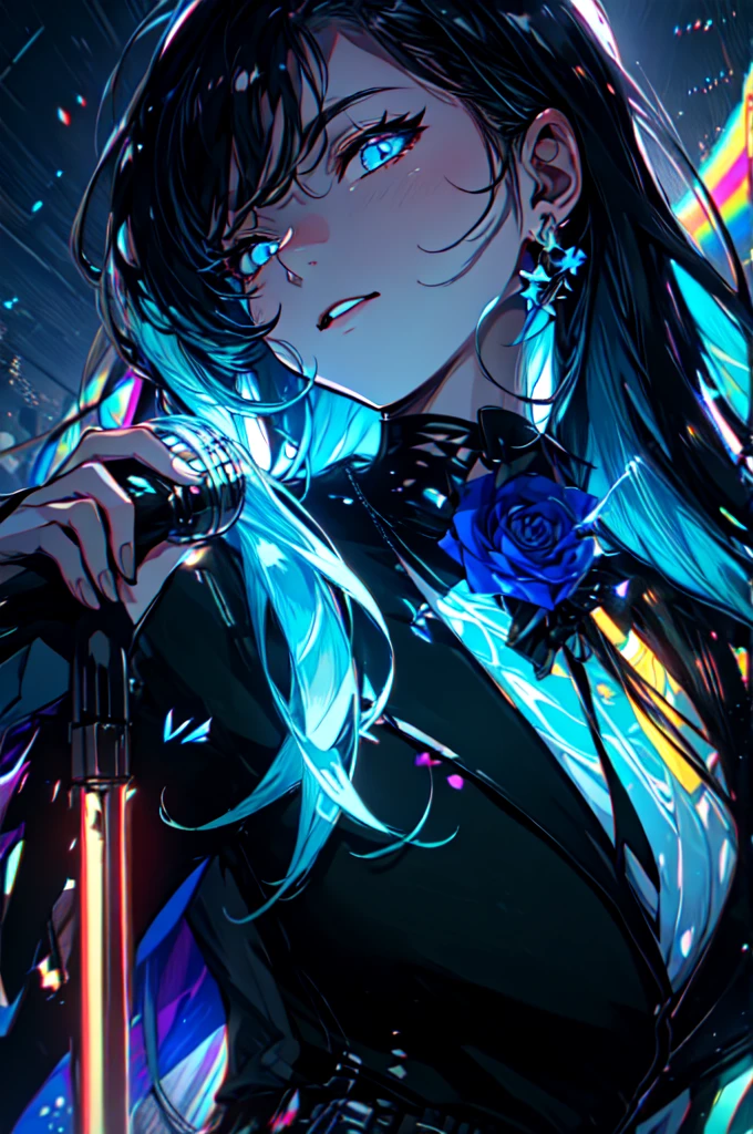 Beautiful hands, Beautiful dresasterpiece, (best quality:1.2), intricate details, ado, 1girl, multicolored hair, long hair, collared shirt, jacket, bangs, long sleeves, blue flower, (mature female:1.2), Ado, (dark blue hair, light blue inner), extra long hair, straight hair, blue eyes, slanted eyes, white inner shirt, (long black jacket, long black pants),  (masterpiece, best quality:1.2), intricate details, ado, 1girl, multicolored hair, long hair, collared shirt, bangs, long sleeves, blue flower, (mature female:1.2), Stars and comets pass by in the open sky, Beautiful Clouds, A tree with glowing fireflies and butterflies々, (Ultra-realistic), {Highly detailed CG unit 8k wallpaper}, Vast landscape photography, (View from below with a panoramic view of the sky, vast open field vision), (Low angle shot), (Light: 1.5), (warm Light source: 1.2), Intricate details, (Rainbow colors: 1.2), (bright Lighting), (atimospheric Lighting), dream-like, Magic, fairy tale