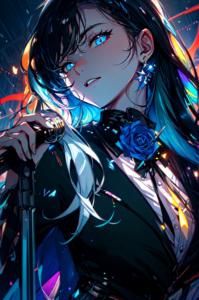 Beautiful hands, Beautiful dresasterpiece, (best quality:1.2), intricate details, ado, 1girl, multicolored hair, long hair, collared shirt, jacket, bangs, long sleeves, blue flower, (mature female:1.2), Ado, (dark blue hair, light blue inner), extra long hair, straight hair, blue eyes, slanted eyes, white inner shirt, (long black jacket, long black pants),  (masterpiece, best quality:1.2), intricate details, ado, 1girl, multicolored hair, long hair, collared shirt, bangs, long sleeves, blue flower, (mature female:1.2), Stars and comets pass by in the open sky, Beautiful Clouds, A tree with glowing fireflies and butterflies々, (Ultra-realistic), {Highly detailed CG unit 8k wallpaper}, Vast landscape photography, (View from below with a panoramic view of the sky, vast open field vision), (Low angle shot), (Light: 1.5), (warm Light source: 1.2), Intricate details, (Rainbow colors: 1.2), (bright Lighting), (atimospheric Lighting), dream-like, Magic, fairy tale