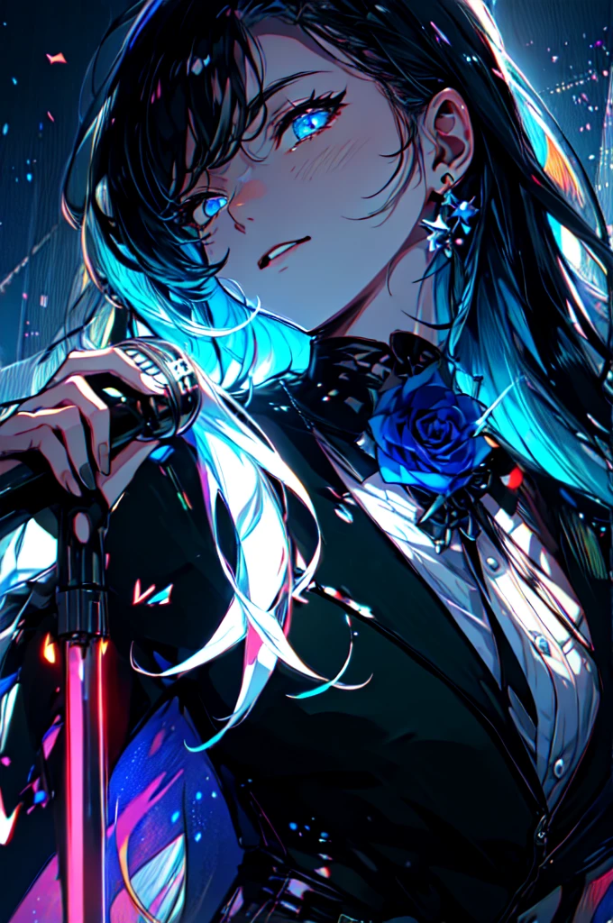 Beautiful hands, Beautiful dresasterpiece, (best quality:1.2), intricate details, ado, 1girl, multicolored hair, long hair, collared shirt, jacket, bangs, long sleeves, blue flower, (mature female:1.2), Ado, (dark blue hair, light blue inner), extra long hair, straight hair, blue eyes, slanted eyes, white inner shirt, (long black jacket, long black pants), (masterpiece, best quality:1.2), intricate details, ado, 1girl, multicolored hair, long hair, collared shirt, bangs, long sleeves, blue flower, (mature female:1.2), Stars and comets pass by in the open sky, Beautiful Clouds, A tree with glowing fireflies and butterflies々, (Ultra-realistic), {Highly detailed CG unit 8k wallpaper}, Vast landscape photography, (View from below with a panoramic view of the sky, vast open field vision), (Low angle shot), (Light: 1.5), (warm Light source: 1.2), Intricate details, (Rainbow colors: 1.2), (bright Lighting), (atimospheric Lighting), dream-like, Magic, fairy tale