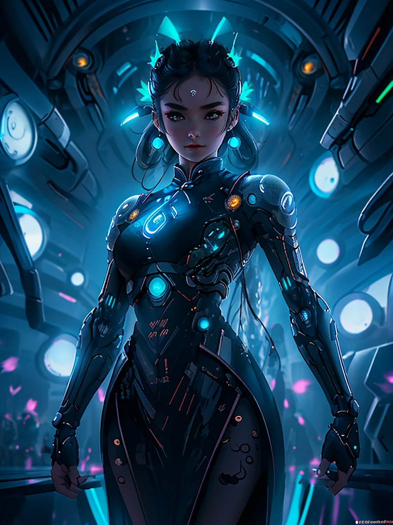 cyber punk,skyscraper,citys,beco,natta,moonligh,Beautiful detailed sky,best qualityer,incredible,dainty,work of art,ultra high resolution,ultra detaild,highy detailed,intricate-detail,Beautiful detailed,8k resolution,professional lighting,physically based rendering,great,sharp focus,incredibly absurdres,cinematic lighting,ray tracing,1 girl,standing alone,milf,dancer,eye white,fangs,slitted pupils,shiny pupils,Glow Up,determined,ciberhanfu,cheongsam, (full of futuristic machines and elements:1.5), futurism,he stole,framed breasts,gazing at viewer,hair ornament,long hair,silver hair,floating hair,lock of hair,expressive hair,standing,mitts,(bright flower tattoo:1.2)
