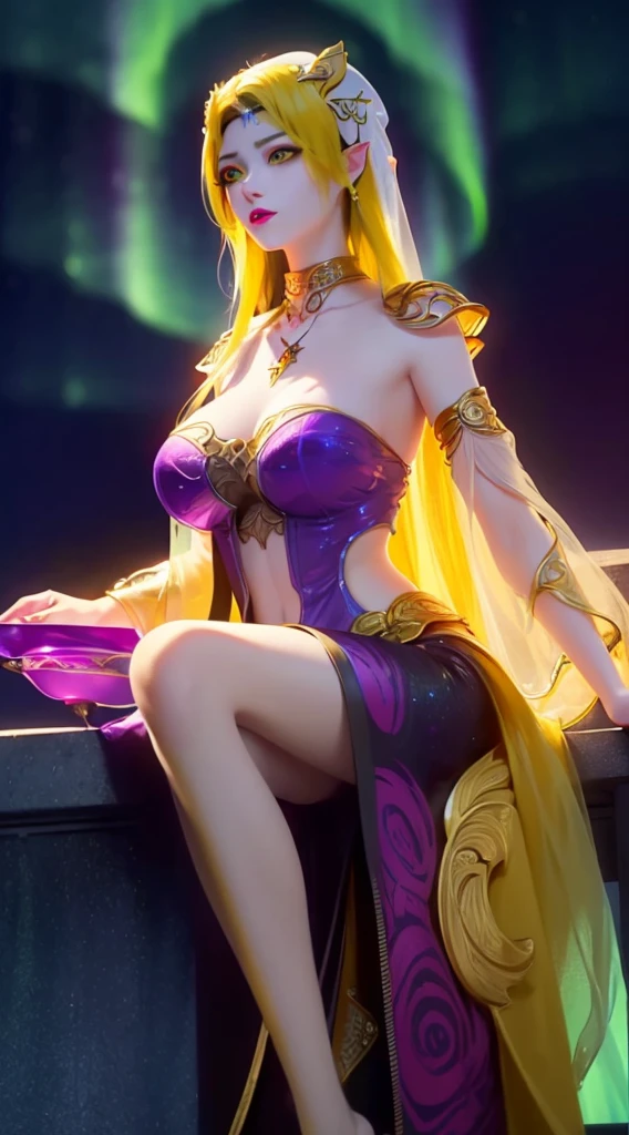 1 20 year old girl, 1 goddess Athena, pink purple silk dress, beautiful goddess Athena face without blemishes, delicate yellow nightgown, long thin sequin nightgown with many sexy black lace details, 1 beautiful thin red silk cloth half veil, female saint legend, female saint icon, beautiful goddess style glitter, dark and mysterious version, vermilion lips, plump red lips, not smiling, mouth closed, delicate and beautiful pino detailing, delicate and beautiful lip detail, , (pure and flawless face: 1.9), female saint body, round chest, big and round breasts, phoenix brooch, long flat bangs, (7-color rainbow hair: 1.9), flower stickers tattoo on forehead, beautiful clear face and well-proportioned eyes, (transparent yellow eyes: 1.8), (big round eyes and makeup, sexy wet eye makeup, very beautiful and meticulous hair makeup, long and delicate blonde hair, delicate, body image: 1.8), figure: and vivid, (stars that make up the sky: 1.7), (the sky of heaven and the fictitious gate of time and space: 1.8), fictional art, RAW photos, hanfu photos, best photos, high resolution, best quality, best photos, best goddess quality, 8k female, super 8 single saint portraits, truest color schemes, masterpieces, best beauty brands, best hair jewelry, brand real photo, dark studio, border light, two-tone lighting, (rose white skin: 1.4), (high skin detail: 1.1), 8k uhd, d slr, soft light, 8k, high quality, candid, volume Smooth and sharp, 10x pixel increase, sexy goddess, sexy goddess, (background space: 1.8), (most beautiful aurora eyes: 1.7), beautiful eyes, aurora beautiful and flowery, (beautiful single girl: 1.8), (more details:0.8),