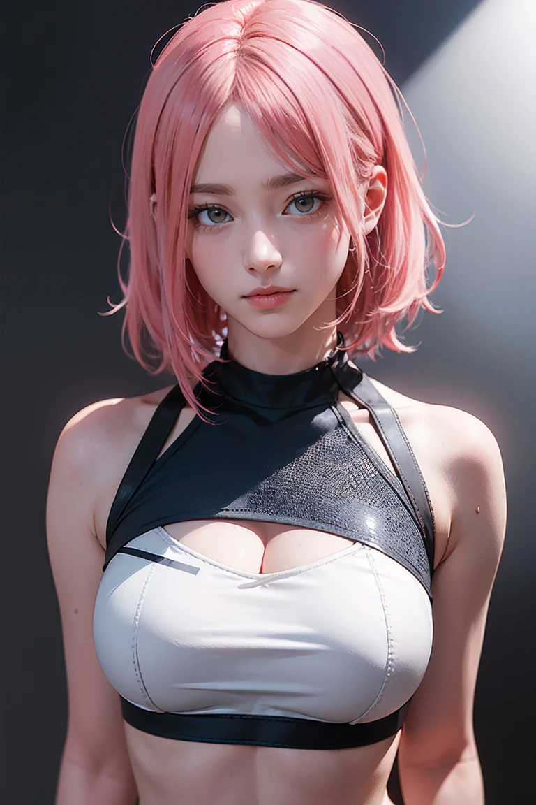 Highest quality, Ultra-high resolution, Realistic, NSFW, Cyberpunk one girl sexy pink hair、Taking photos in a studio environment with a gray background, View your viewers, Upper Body, thin, Visible cracks, Crop top,