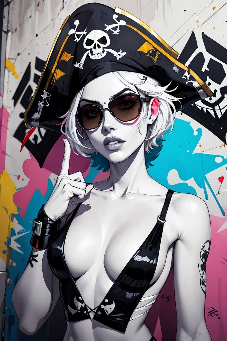 the middle finger, watercolor painting, 8K resolution、((highest quality))、((masterpiece))、((Super detailed))、1 female、alone、incredibly absurd、 (((The most beautiful pirate girl of all time))), (((Stylish sunglasses))), lips in love, white skin, pirate hat, skull fashion, neon、short cut hair、small breasts, (((graffiti art))), colorful hair, provocative, middle finger rising, Rising middle finger
